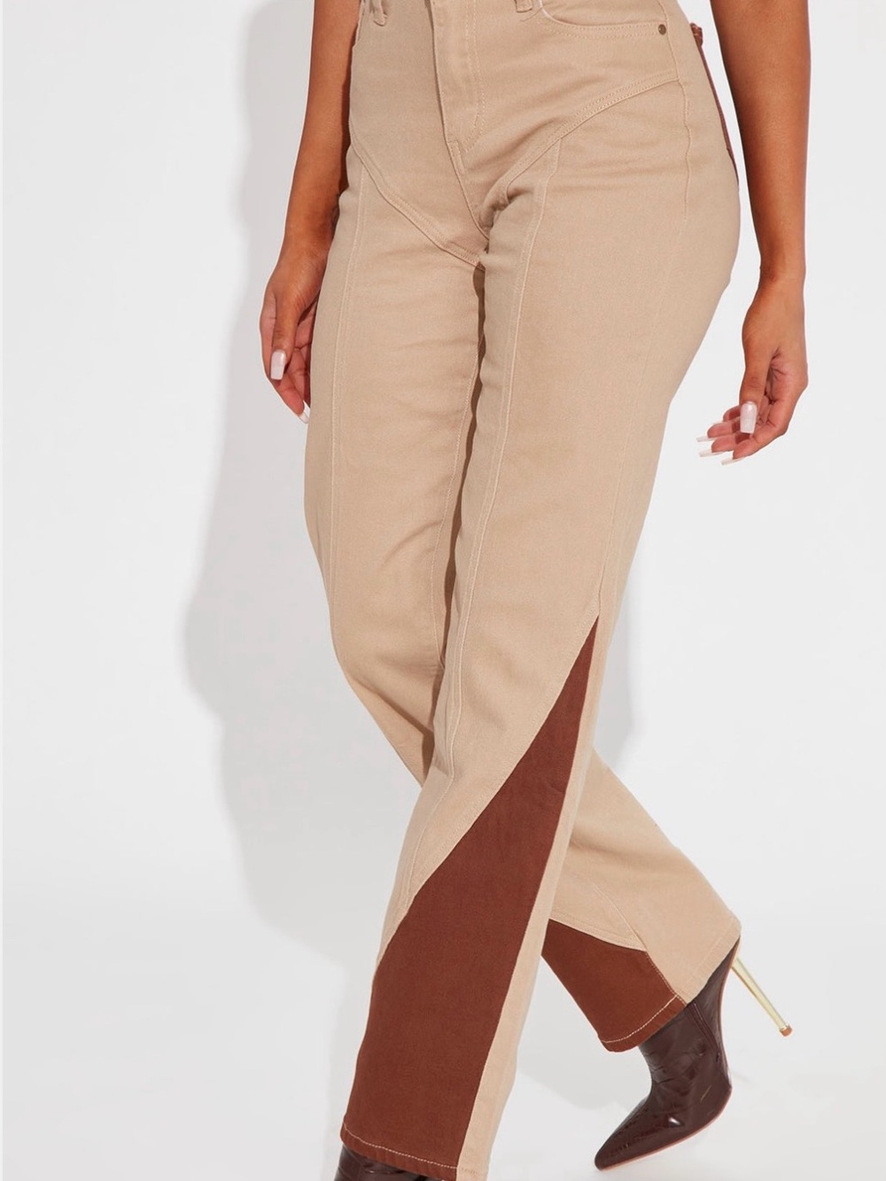 Fashion Nova Beige & Brown Two-Tone Split Hem Pants